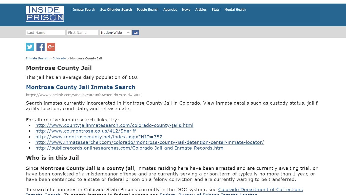 Montrose County Jail - Colorado - Inmate Search